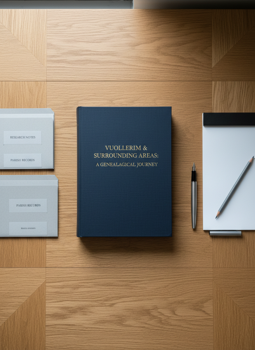 An elegantly bound archival family history book with a textured matte navy cover and embossed gold title, resting on a structured oak desk surface. Clean lines of the desk frame the book, surrounded by neatly stacked pale grey folders and a precision-cut notepad, all arranged with corporate-level orderliness. Cool, diffused daylight from a nearby window highlights the textures and subtle sheen of the desk and book cover, casting gentle, balanced shadows. The mood is purposeful and professional, with an inviting sense of discovery. Shot from an overhead angle for a balanced, symmetrical composition, displaying photographic realism in a pristine, modern style. Perfect for a blog introducing genealogy research in Vuollerim and its surrounding areas.