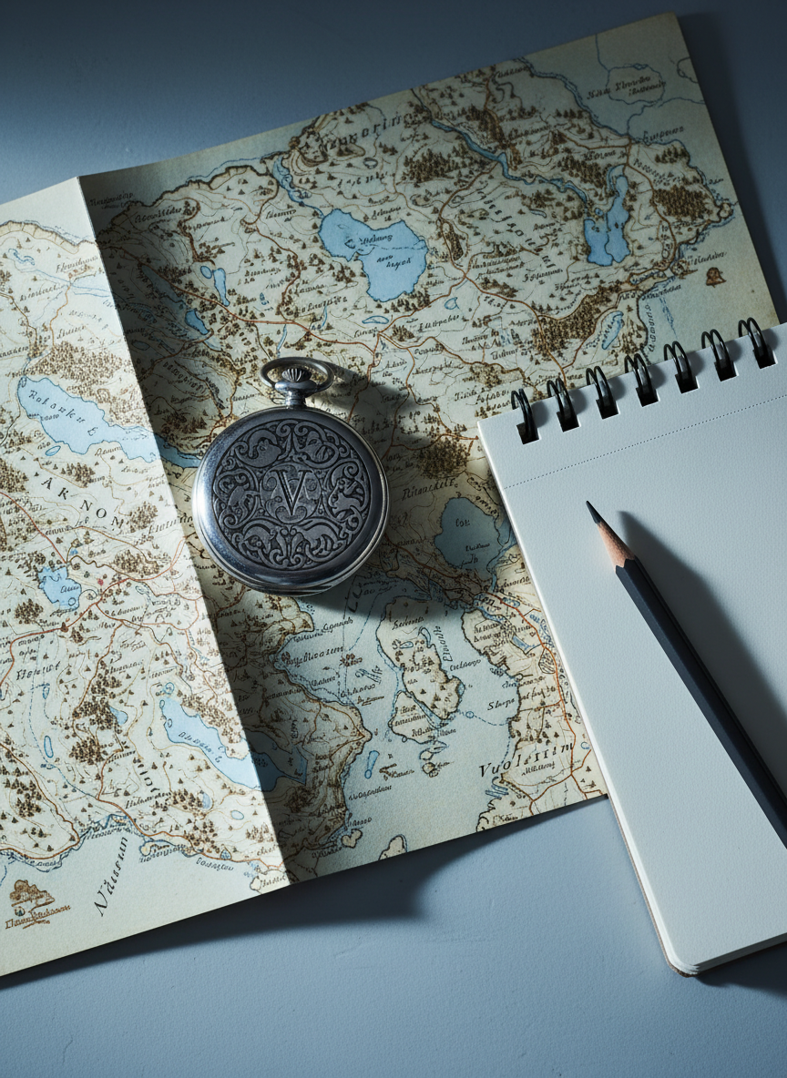 An antique, intricately engraved silver pocket watch resting atop a folded parchment map of Vuollerim and its lake-dotted environs, both meticulously detailed. The map is laid flat on a smooth, pale slate desk, accompanied by a modern graphite pencil and a conservatively designed notepad set with right angles. Subtle, cool morning light spills from the left, creating delicate linear highlights along the watch's edges and a clean, defined shadow. The scene exudes a sense of connection between generations, rendered in sharp, clean photographic realism with a balanced, rule-of-thirds composition. Ideal for illustrating stories that bridge past and present in local genealogy.