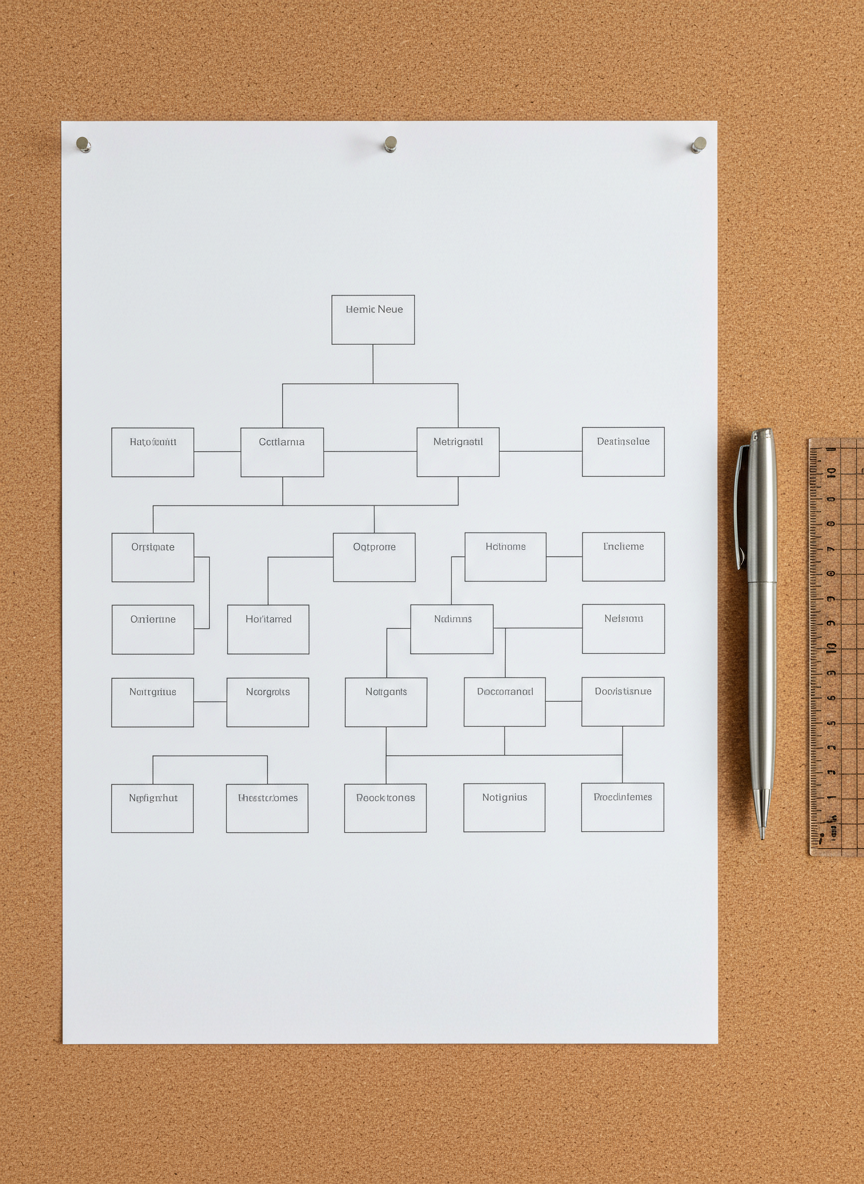 A meticulously organized genealogy chart rendered on crisp, heavy white paper, featuring black, fine-lined boxes and tidy labels in muted sans-serif fonts. The chart is pinned to a smooth, neutral-toned corkboard, with a brushed steel pen and a ruler precisely aligned beside it. Soft overhead office lighting evenly illuminates the composition, ensuring all elements are clearly visible without glare. The atmosphere communicates clarity and professionalism. Captured at a slightly elevated angle, the composition uses strong lines and minimalist framing for a clean, structured, photographic look suitable for a blog focused on structured family history research.